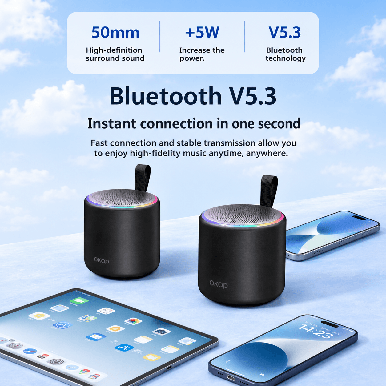 Portable Bluetooth Speaker – HiFi Surround Sound, IPX5 Water Resistant & LED Light