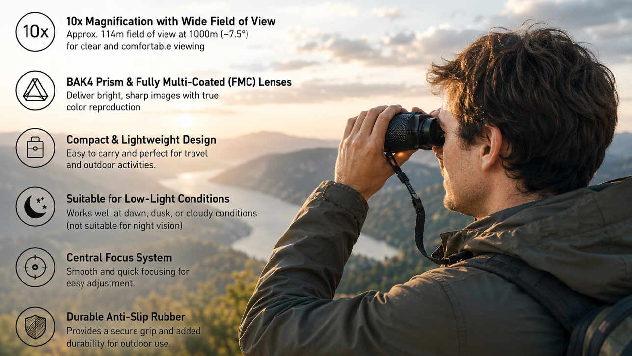 10x25 Compact Binoculars for Adults – BAK4 Prism, Fully Multi-Coated Lenses, Lightweight Pocket Binoculars for Bird Watching, Travel & Outdoor Use