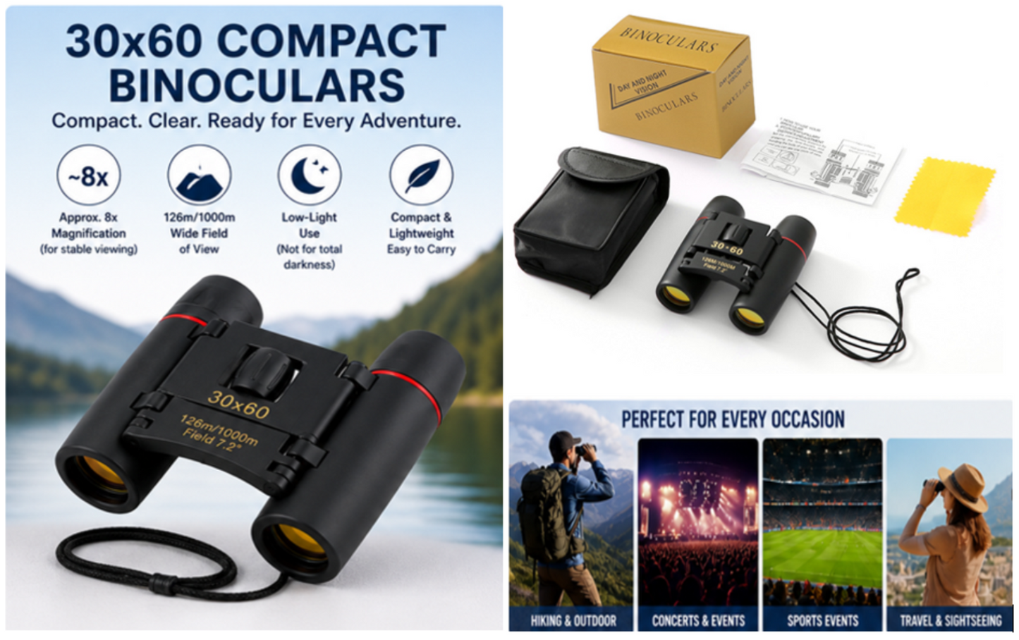 30x60 Compact Folding Binoculars – Portable, Wide-Angle Viewing for Everyday Use
