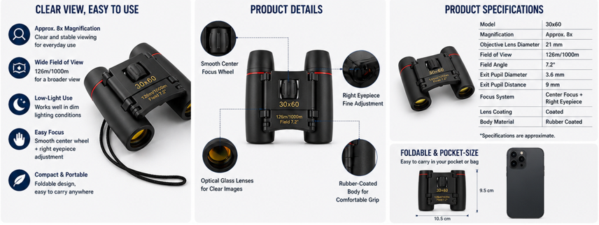 30x60 Compact Folding Binoculars – Portable, Wide-Angle Viewing for Everyday Use