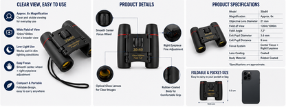 30x60 Compact Folding Binoculars – Portable, Wide-Angle Viewing for Everyday Use