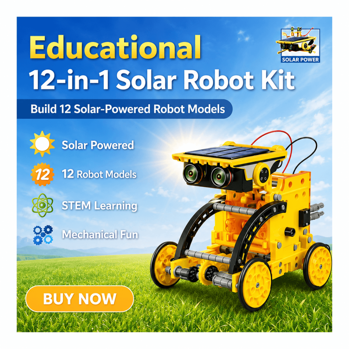 12-in-1 Solar STEM Robot Building Kit for Kids – Yellow