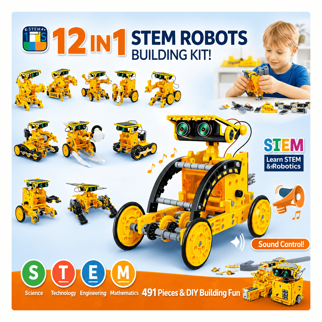 12-in-1 Solar STEM Robot Building Kit for Kids – Yellow