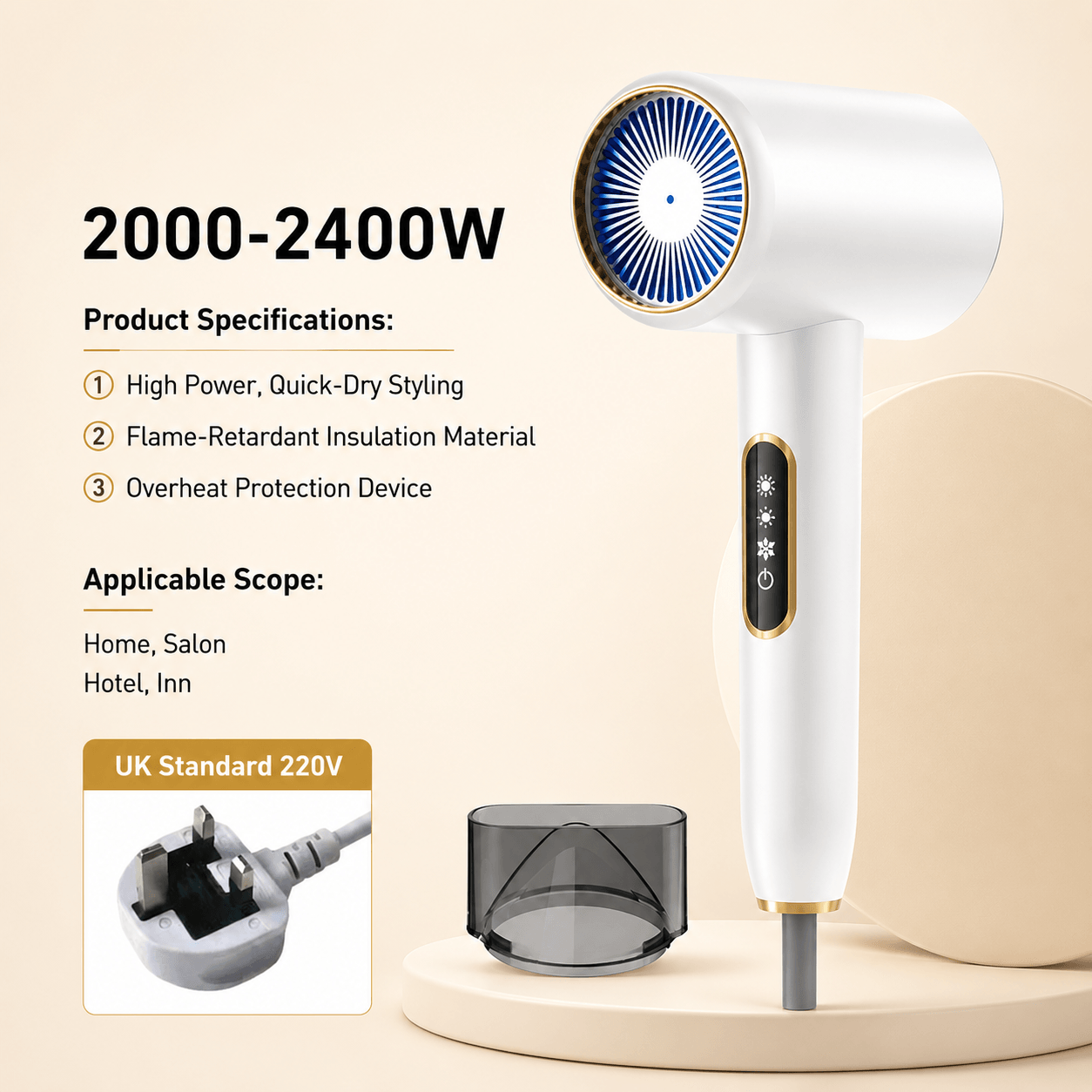 High-Speed Ionic Hair Dryer, 2400W with Hot, Warm & Cold Air Settings