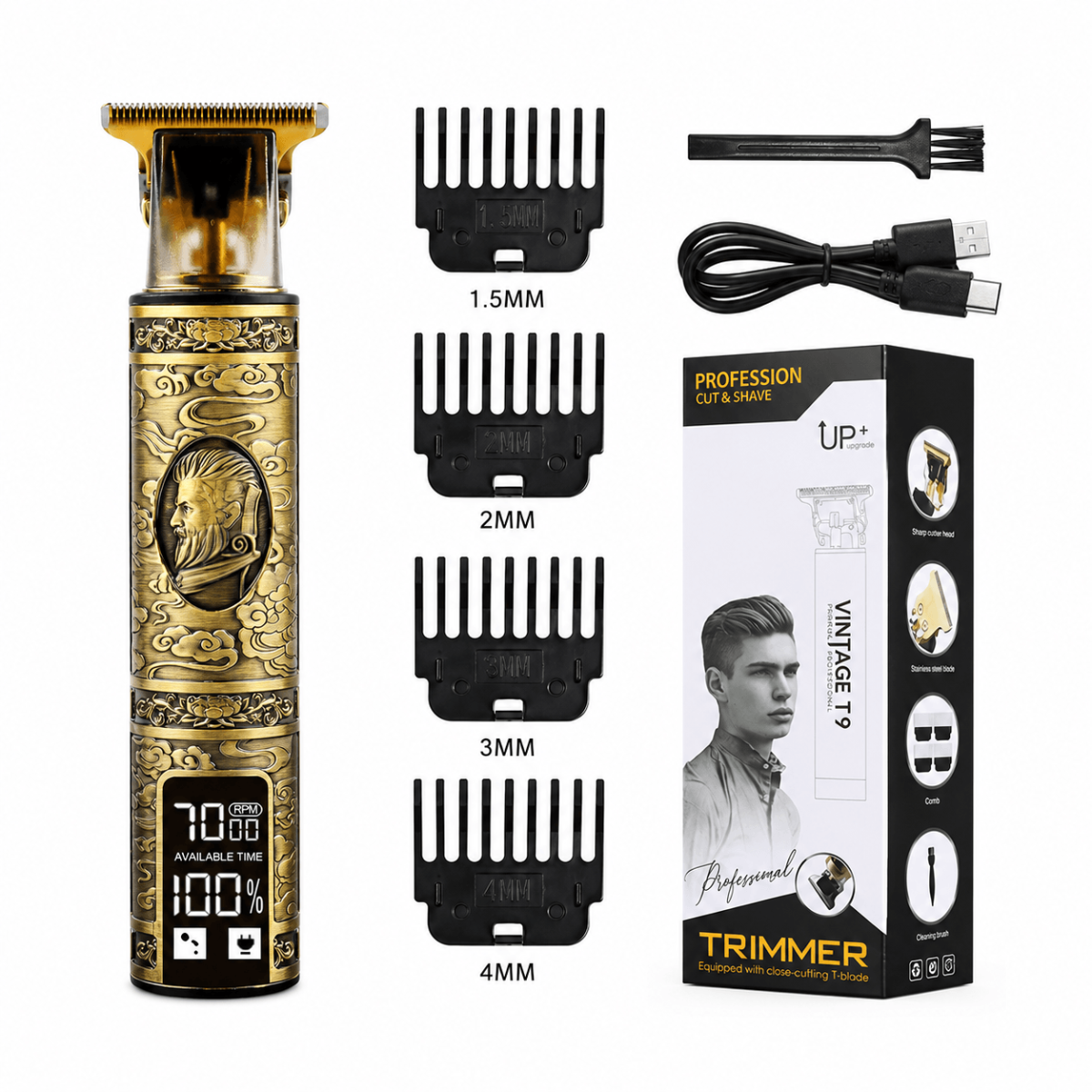 Men’s Professional T-Blade Hair Trimmer – USB Rechargeable with Removable Washable Blades.