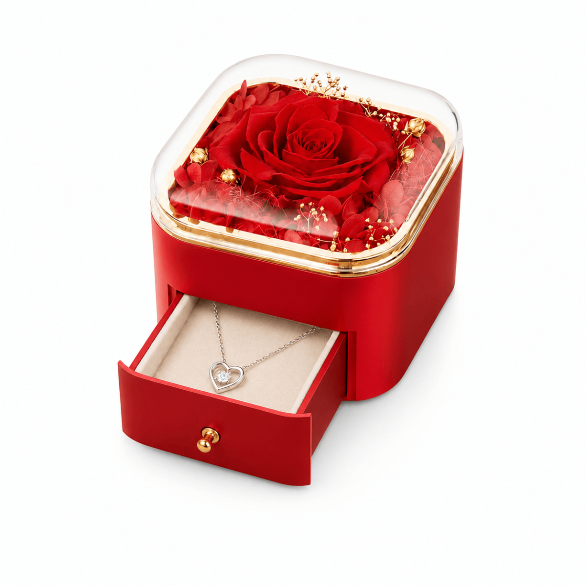 Preserved Real Red Rose with Necklace Gift Box for Her on Christmas, Valentines Day, Mothers Day, Anniversary, Birthday