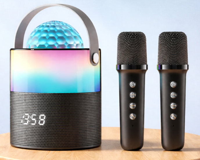 Crystal Projection Lamp – Wireless Stage Light & Bluetooth Karaoke Speaker with Microphones.