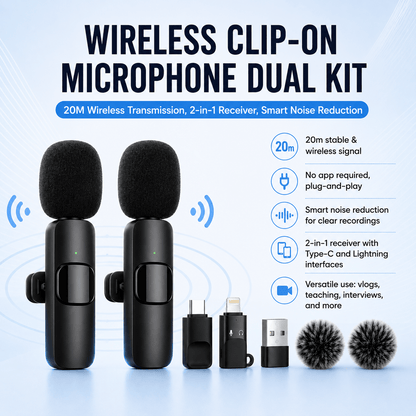 Wireless Clip-on Microphone Kit – Dual Transmitters & 2-in-1 Receiver