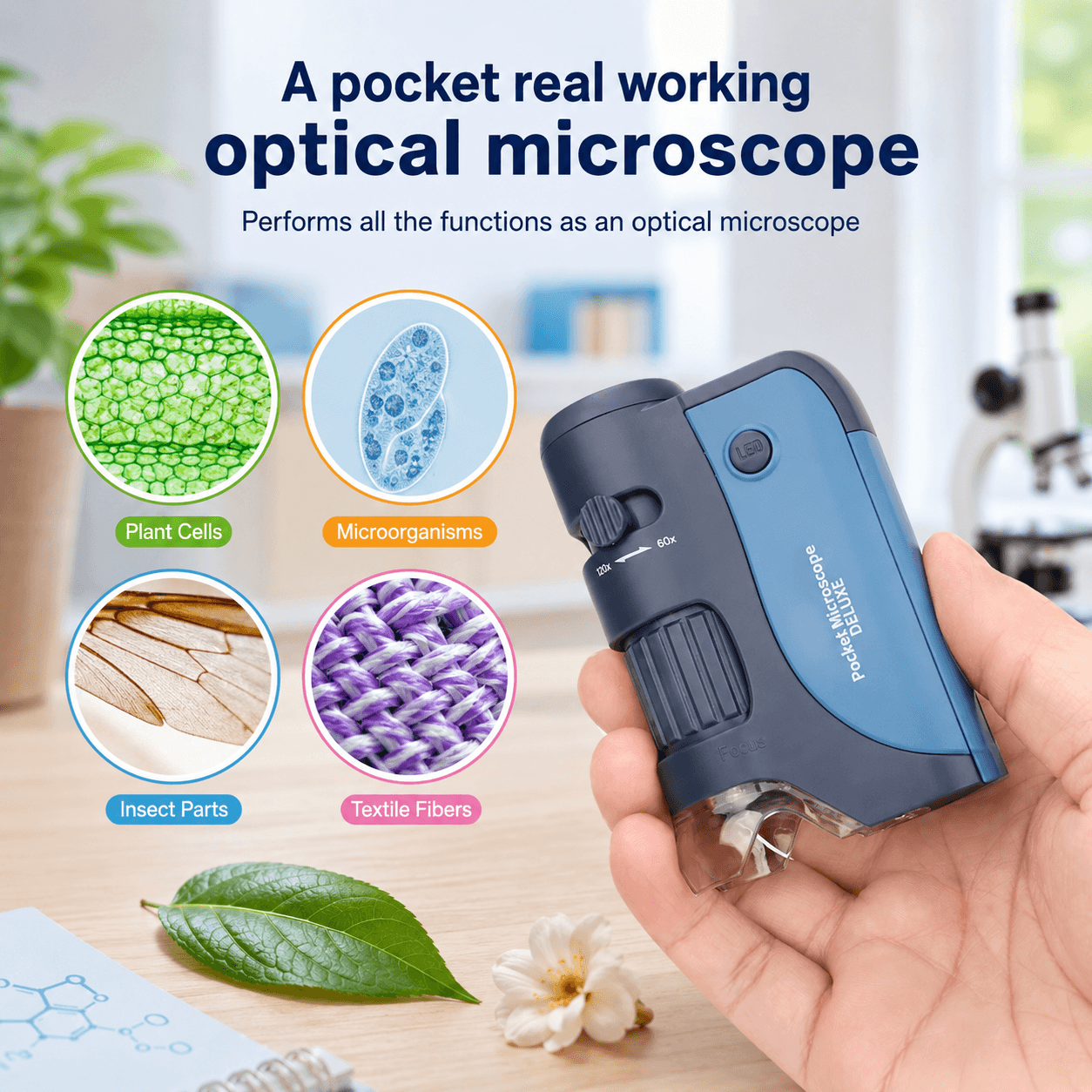 Kids Pocket Microscope – 60x–120x Zoom, Portable & Educational