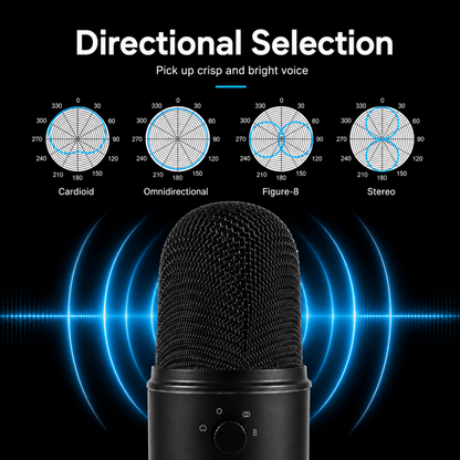 Pro USB Microphone with RGB Lighting – 4 Polar Patterns & 360° Rotation for Streaming & Recording