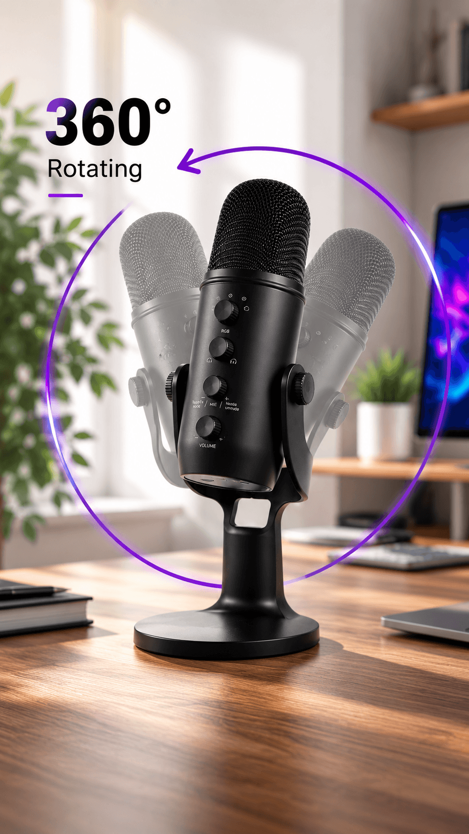 Pro USB Microphone with RGB Lighting – 4 Polar Patterns & 360° Rotation for Streaming & Recording