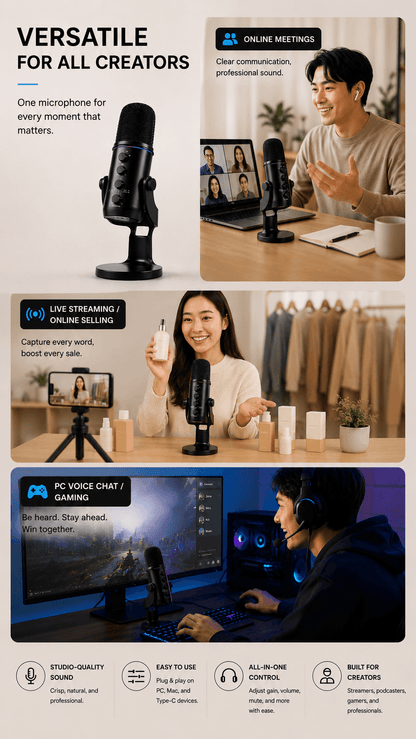 Pro USB Microphone with RGB Lighting – 4 Polar Patterns & 360° Rotation for Streaming & Recording
