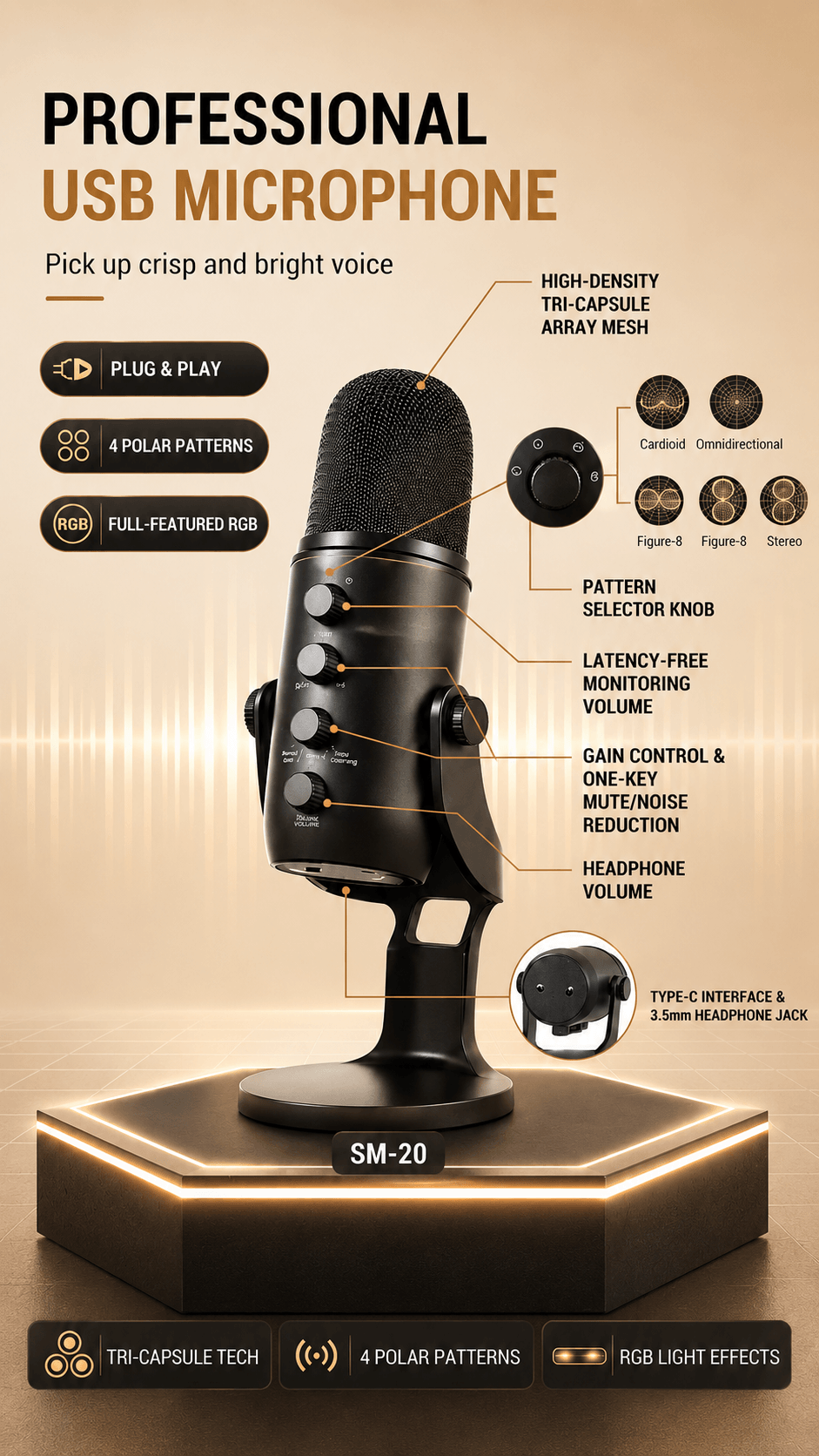 Pro USB Microphone with RGB Lighting – 4 Polar Patterns & 360° Rotation for Streaming & Recording