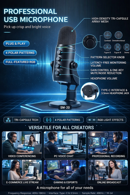 Pro USB Microphone with RGB Lighting – 4 Polar Patterns & 360° Rotation for Streaming & Recording