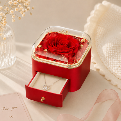Preserved Real Red Rose with Necklace Gift Box for Her on Christmas, Valentines Day, Mothers Day, Anniversary, Birthday