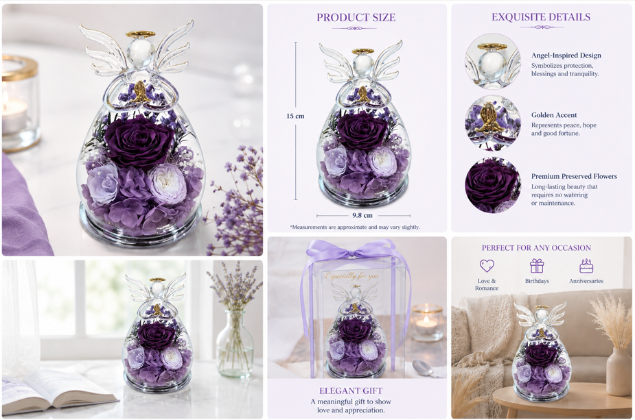 Purple Preserved Real Rose Angel – Handmade Forever Flower Gift for Mom, Grandma & Loved Ones