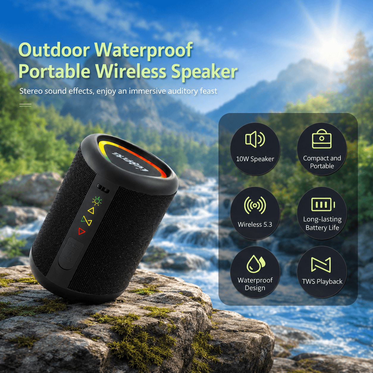 Outdoor Waterproof Bluetooth Speaker – Stereo Bass, LED Lights & TWS