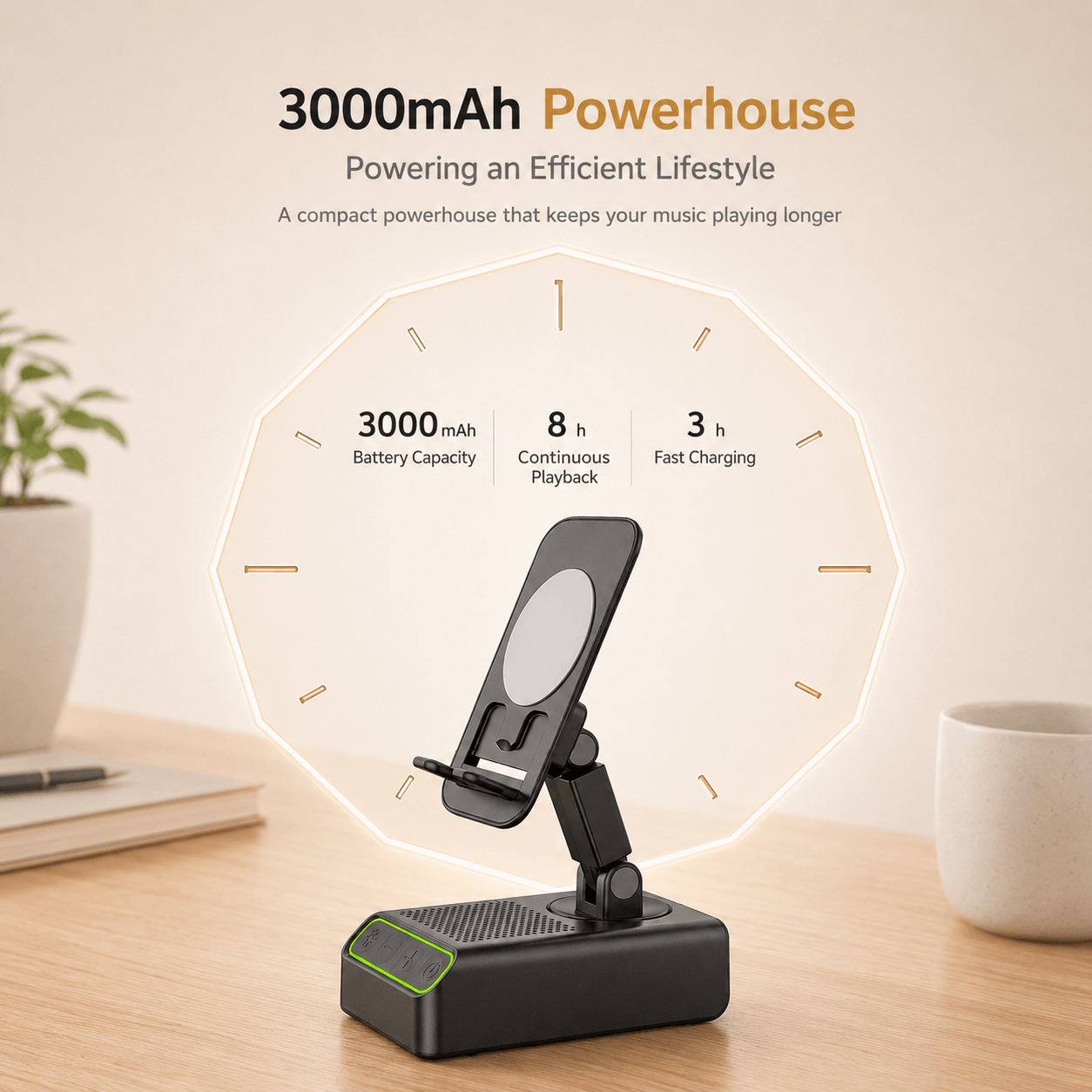 3000mAh Wireless Speaker Phone Stand – Bluetooth Audio & Adjustable Holder