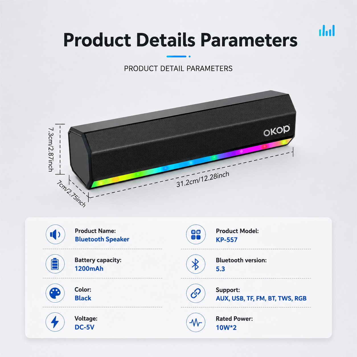 Portable Bluetooth Soundbar Speaker – Hi-Fi Stereo Sound, RGB Lights & Long Battery Life