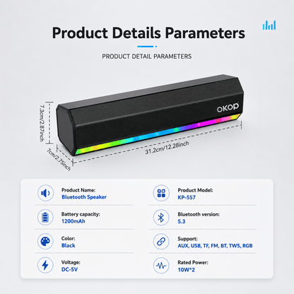 Portable Bluetooth Soundbar Speaker – Hi-Fi Stereo Sound, RGB Lights & Long Battery Life