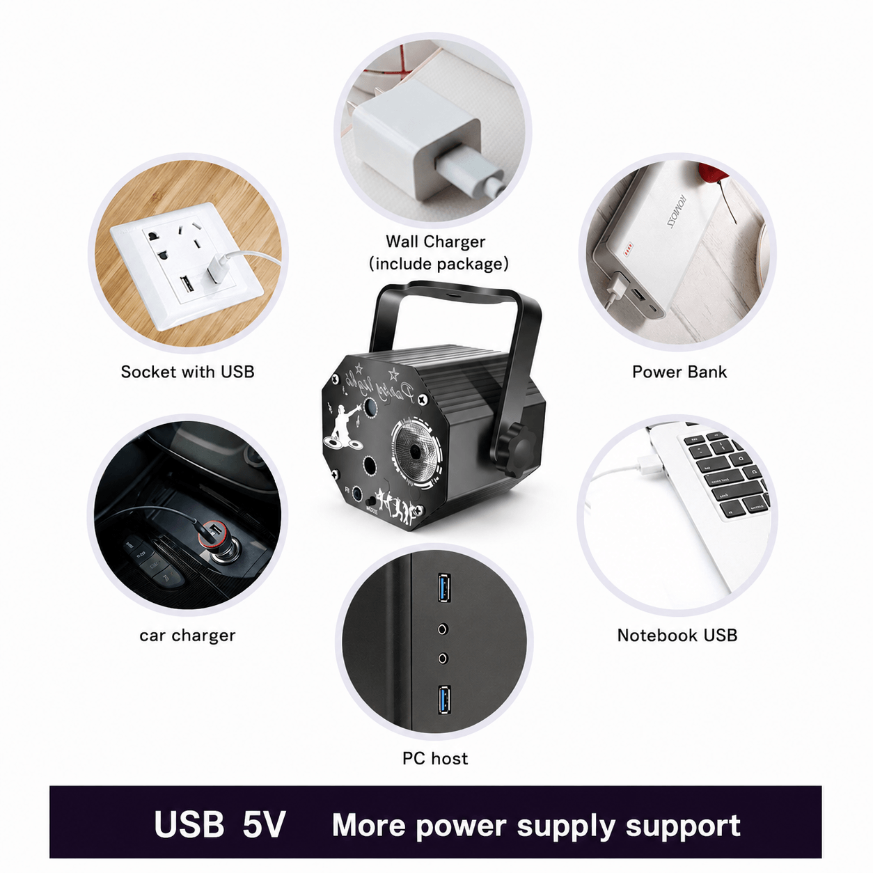 Sound-Activated Disco Party Stage Lights, DJ Strobe & Stage Effects, USB 5V 2A