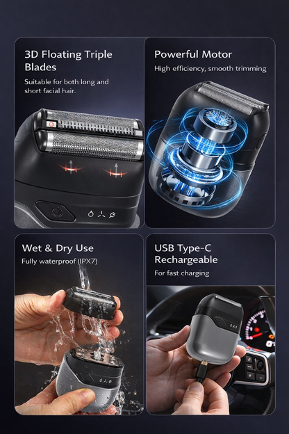 Mini Electric Shaver for Men – USB-C Wet & Dry Triple Blade Razor
