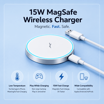 15W Magnetic Wireless Charger, White – Fast & Compact
