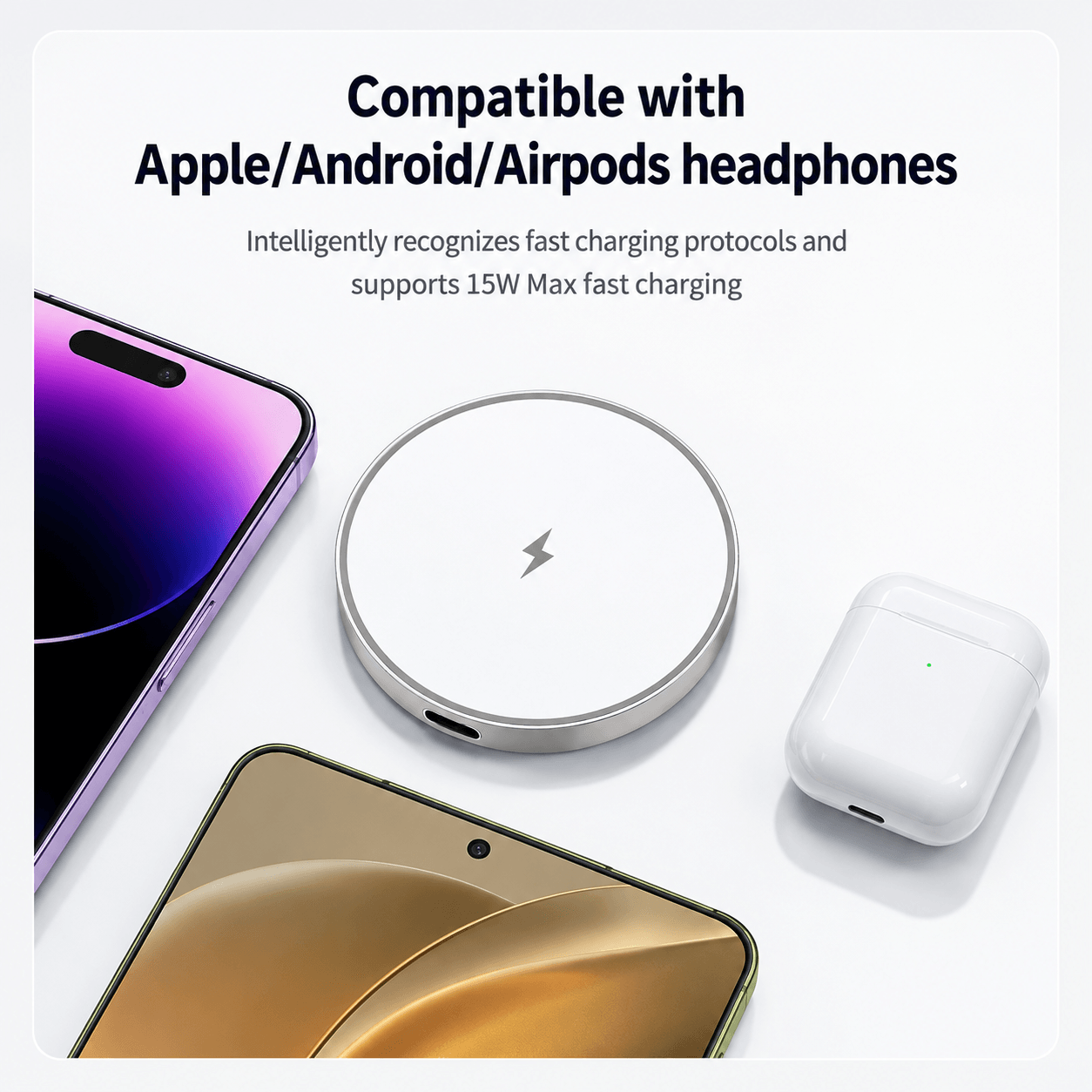 15W Magnetic Wireless Charger, White – Fast & Compact