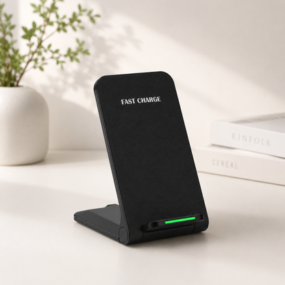 15W Qi Wireless Charger Stand – Foldable Vertical Fast Charging Dock with LED Indicator