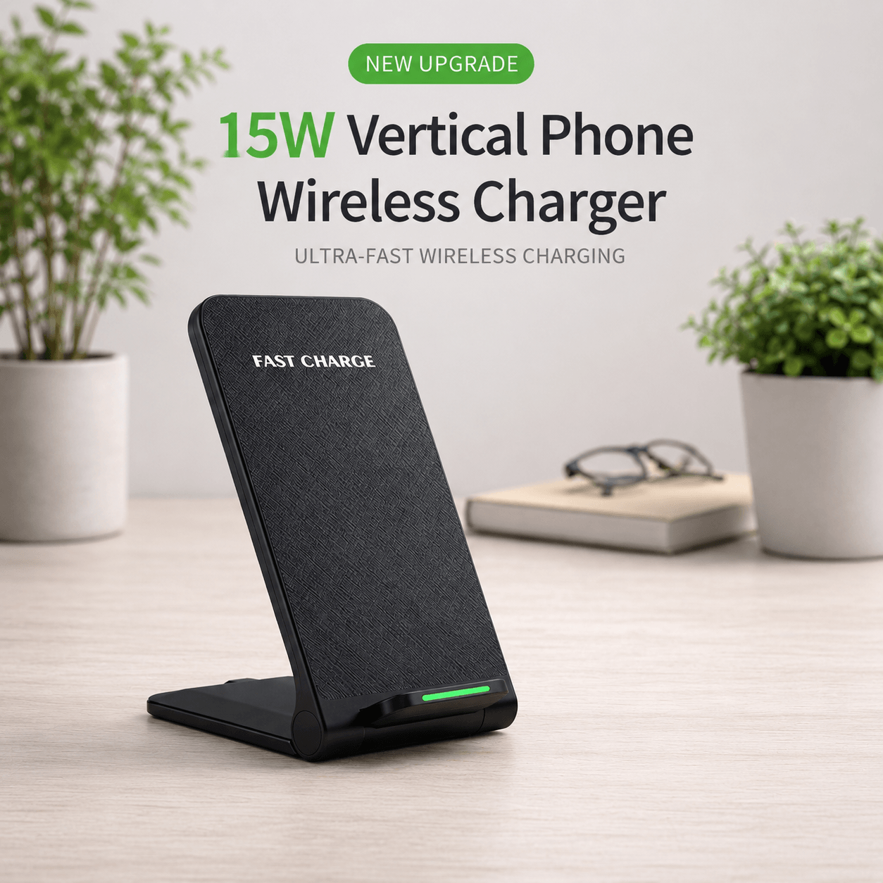 15W Qi Wireless Charger Stand – Foldable Vertical Fast Charging Dock with LED Indicator