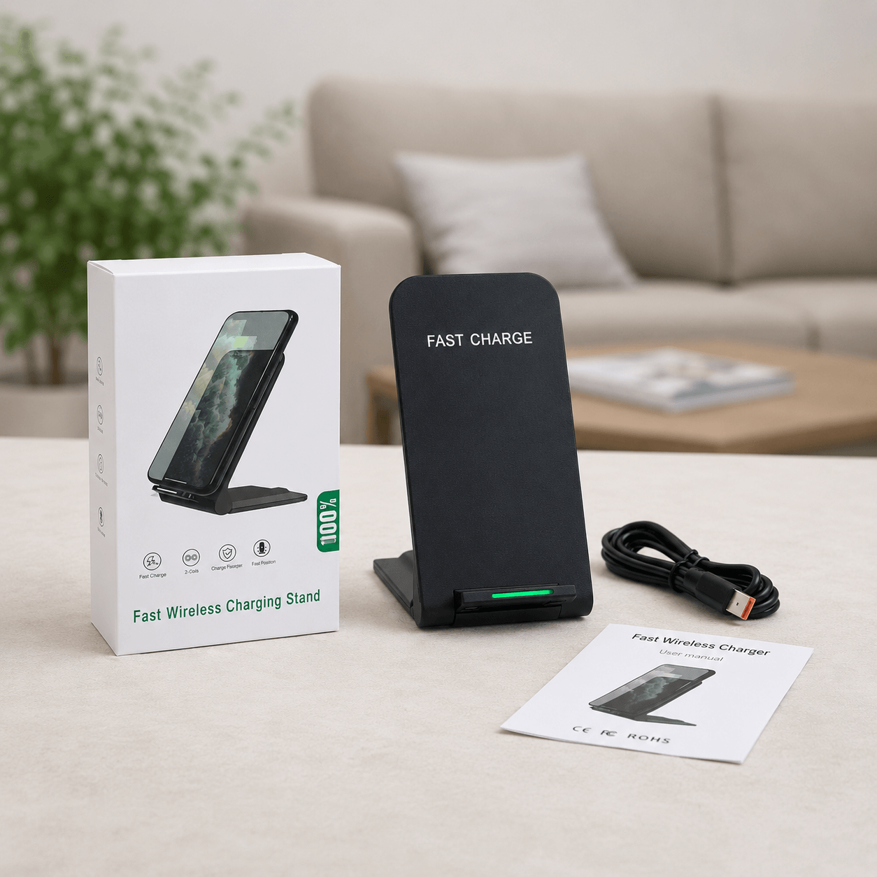 15W Qi Wireless Charger Stand – Foldable Vertical Fast Charging Dock with LED Indicator