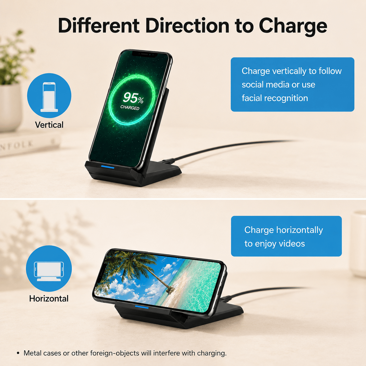 15W Fast Wireless Charger – Vertical & Horizontal Qi Charging.